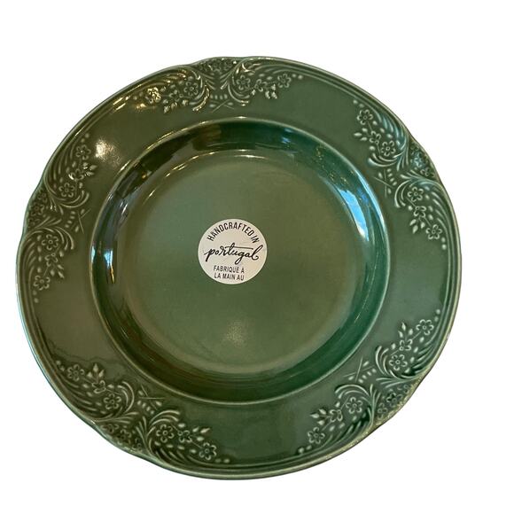 Villa Stoneware Portugal Green Ceramic Bowls 9.5" Floral Border Set of 4 NEW - Picture 2 of 14